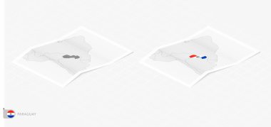 Gölgeli iki gerçekçi Paraguay haritası. Paraguay bayrağı ve haritası izometrik biçimdedir.