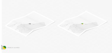 Gölgeli iki gerçekçi Fransız Guyanası haritası. Fransız Guyanasının bayrağı ve haritası izometrik tarzda.