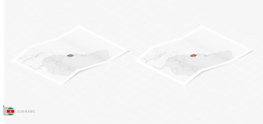 Surinam 'ın gölgeli iki gerçekçi haritası. Surinam 'ın bayrağı ve haritası izometrik biçimdedir.