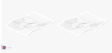 Gölgeli iki gerçekçi Küba haritası. Küba bayrağı ve haritası izometrik biçimdedir.