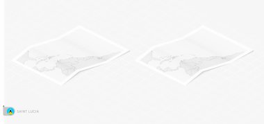 Saint Lucia 'nın gölgeli iki gerçekçi haritası. Saint Lucia 'nın bayrağı ve haritası izometrik tarzda.