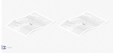 Gölgeli iki gerçekçi İsrail haritası. İsrail bayrağı ve haritası izometrik tarzda.