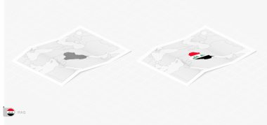 Irak 'ın gölgeli iki gerçekçi haritası. İzometrik tarzda Irak bayrağı ve haritası.