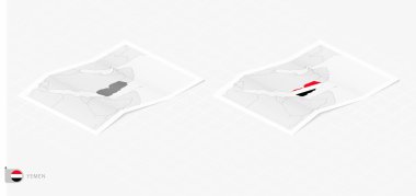 Gölgeli iki gerçekçi Yemen haritası. Yemen bayrağı ve haritası izometrik tarzda.