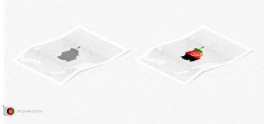Gölgeli iki gerçekçi Afganistan haritası. Afganistan bayrağı ve haritası izometrik tarzda.