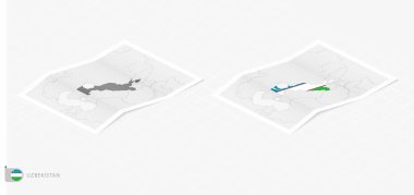 Özbekistan 'ın gölgeli iki gerçekçi haritası. Özbekistan bayrağı ve haritası izometrik biçimdedir.