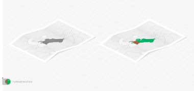 Gölgeli iki gerçekçi Türkmenistan haritası. Türkmenistan bayrağı ve haritası izometrik biçimdedir.