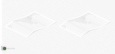 Gölgeli iki gerçekçi Maldivler haritası. İzometrik tarzda Maldivlerin bayrağı ve haritası.