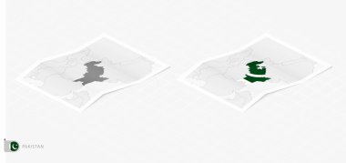 Pakistan 'ın gölgeli iki gerçekçi haritası. Pakistan bayrağı ve haritası izometrik tarzda.