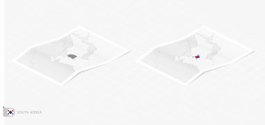 Güney Kore 'nin gölgeli iki gerçekçi haritası. İzometrik tarzda Güney Kore bayrağı ve haritası.