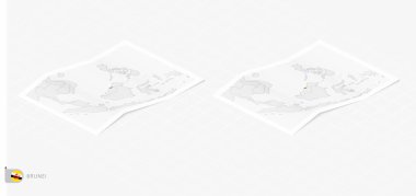 Brunei 'nin gölgeli iki gerçekçi haritası. Brunei bayrağı ve haritası izometrik tarzda.