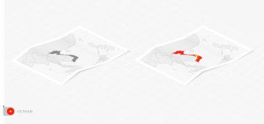 Gölgeli iki gerçekçi Vietnam haritası. Vietnam bayrağı ve haritası izometrik tarzda.