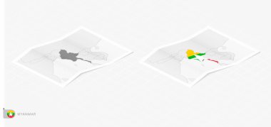 Myanmar 'ın gölgeli iki gerçekçi haritası. Myanmar 'ın bayrağı ve haritası izometrik biçimde.