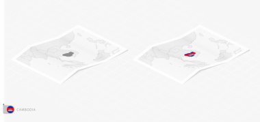 Gölgeli iki gerçekçi Kamboçya haritası. Kamboçya bayrağı ve haritası izometrik biçimdedir.