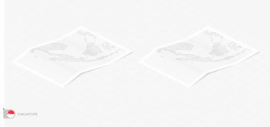 Gölgeli iki gerçekçi Singapur haritası. Singapur bayrağı ve haritası izometrik biçimdedir.