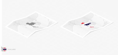 Gölgeli iki gerçekçi Tayland haritası. Tayland bayrağı ve haritası izometrik tarzda.