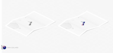 Gölgeli iki gerçekçi Yeni Zelanda haritası. İzometrik tarzda Yeni Zelanda bayrağı ve haritası.