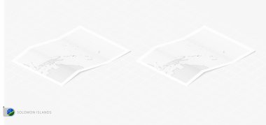 Solomon Adaları 'nın gölgeli iki gerçekçi haritası. Solomon Adaları 'nın bayrak ve haritası izometrik tarzda.