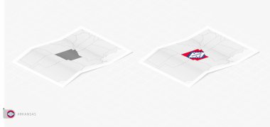 Arkansas 'ın gölgeli iki gerçekçi haritası. Arkansas bayrağı ve haritası izometrik tarzda.