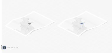 Gölgeli iki gerçekçi Connecticut haritası. Connecticut bayrağı ve haritası izometrik tarzda.