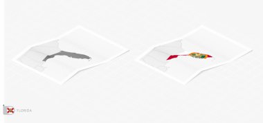 Gölgeli iki gerçekçi Florida haritası. Florida bayrağı ve haritası izometrik tarzda.