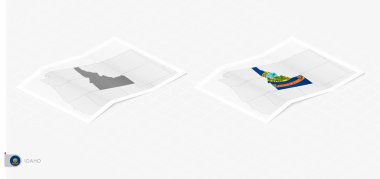 Idaho 'nun gölgeli iki gerçekçi haritası. Idaho bayrağı ve haritası izometrik tarzda.