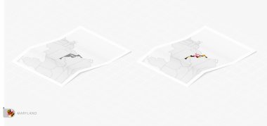 Gölgeli iki gerçekçi Maryland haritası. Maryland bayrağı ve haritası izometrik tarzda.