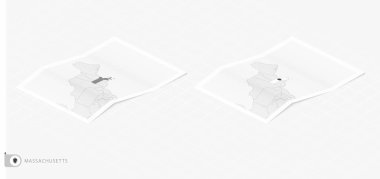 Massachusetts 'in gölgeli iki gerçekçi haritası. Massachusetts bayrağı ve haritası izometrik biçimdedir.