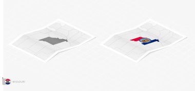 Missouri 'nin gölgeli iki gerçekçi haritası. Missouri bayrağı ve haritası izometrik biçimdedir.