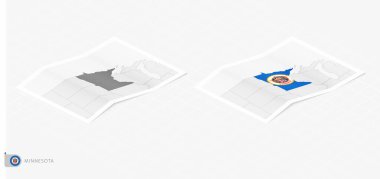 Gölgeli iki gerçekçi Minnesota haritası. İzometrik tarzda Minnesota bayrağı ve haritası.