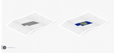 Gölgeli iki gerçekçi Nebraska haritası. Nebraska bayrağı ve haritası izometrik biçimdedir.