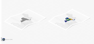 Gölgeli iki gerçekçi New York haritası. New York bayrağı ve haritası izometrik tarzda.