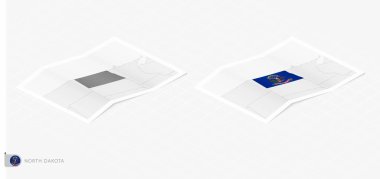 Kuzey Dakota 'nın gölgeli iki gerçekçi haritası. İzometrik tarzda Kuzey Dakota bayrağı ve haritası.
