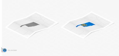 Oklahoma 'nın gölgeli iki gerçekçi haritası. Oklahoma bayrağı ve haritası izometrik tarzda.