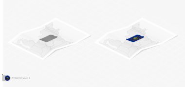 Set of two realistic map of Pennsylvania with shadow. The flag and map of Pennsylvania in isometric style.