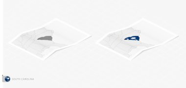 Gölgeli iki gerçekçi Güney Carolina haritası. Güney Carolina bayrağı ve haritası izometrik tarzda.