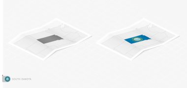 Gölgeli iki gerçekçi Güney Dakota haritası. Güney Dakota bayrağı ve haritası izometrik tarzda.