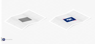 Gölgeli iki gerçekçi Wyoming haritası. Wyoming bayrağı ve haritası izometrik tarzda.