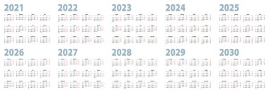 Calendar set in basic design for 2021, 2022, 2023, 2024, 2025, 2026, 2027, 2028, 2029, 2030 years. Vector Calendar collection for decade in English language, week starts on Monday.