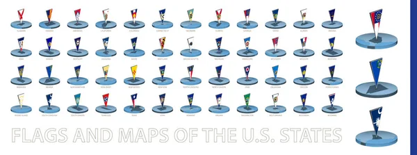 Flagi Mapy Stanów Zjednoczonych Okrągłym Stylu Izometrycznym Trójkątną Flagą Kolekcja — Wektor stockowy