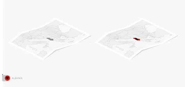 Gölgeli Iki Gerçekçi Arnavutluk Haritası Arnavutluk Bayrağı Haritası Izometrik Tarzda — Stok Vektör