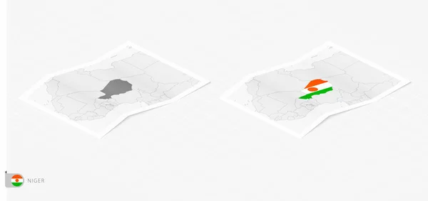 Set Two Realistic Map Niger Shadow Flag Map Niger Isometric — Vettoriale Stock