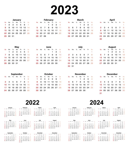 Basic Calendar Year 2023 2022 2024 Week Starts Sunday Basic —  Vetores de Stock