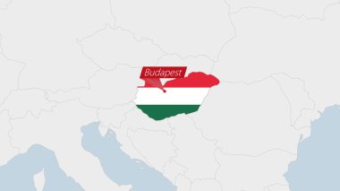 Macaristan haritası Macaristan 'ın bayrak renkleri ve ülke başkenti Budapeşte' nin iğnesiyle vurgulandı.