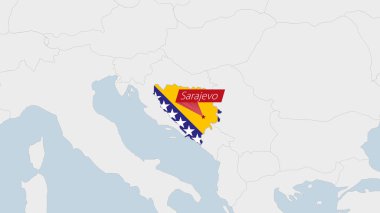 Bosna-Hersek haritasında Bosna-Hersek bayrak renkleri ve ülke başkenti Saraybosna 'nın rozeti vurgulandı.