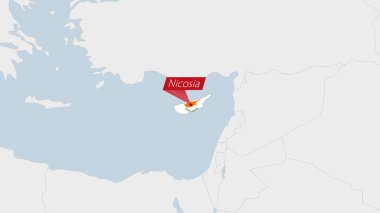 Kıbrıs haritasında Kıbrıs bayrağı renkleri ve ülke başkenti Lefkoşe 'nin broşu vurgulandı.
