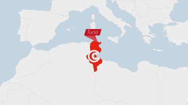 Tunus haritası Tunus bayrak renkleri ve ülke başkenti Tunus 'un lobutu ile vurgulandı.
