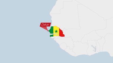 Senegal haritası Senegal bayrak renkleri ve ülke başkenti Dakar 'ın lobutu ile vurgulandı.