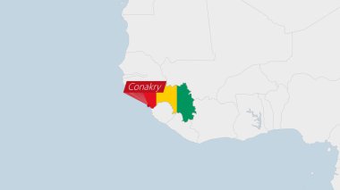 Gine haritası Gine bayrağı renkleri ve ülke başkenti Conakry 'nin iğnesiyle vurgulandı.