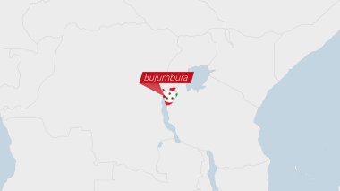 Burundi haritası Burundi bayrağı renkleri ve ülke başkenti Gitega 'nın broşu ile vurgulandı.